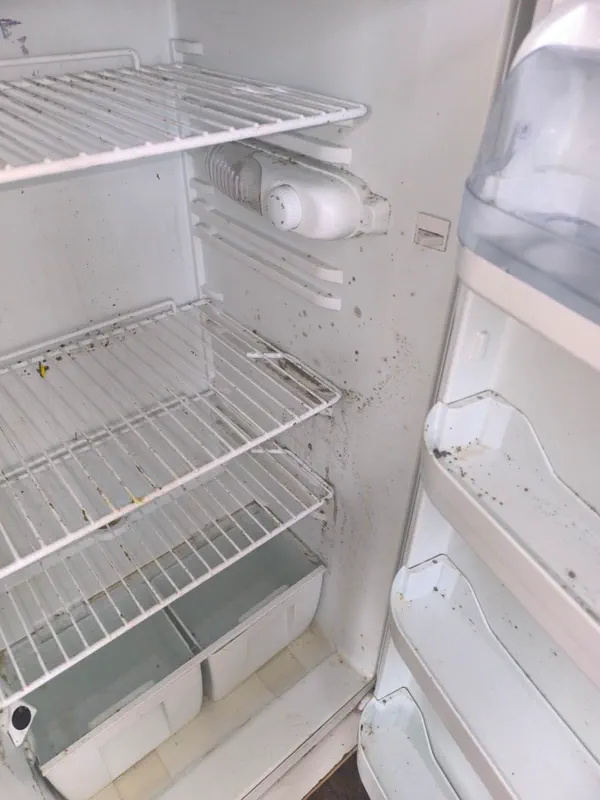 Intérieur de réfrigérateur sali par des résidus alimentaires avant nettoyage