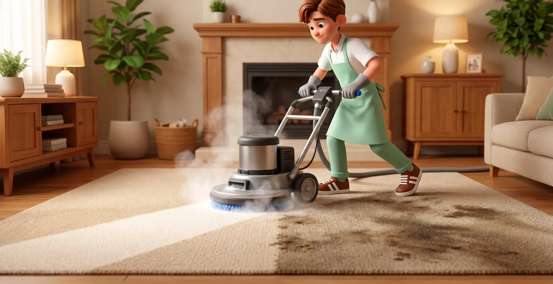 Zak redonne vie à une moquette : moitié nettoyée, moitié encore tachée
