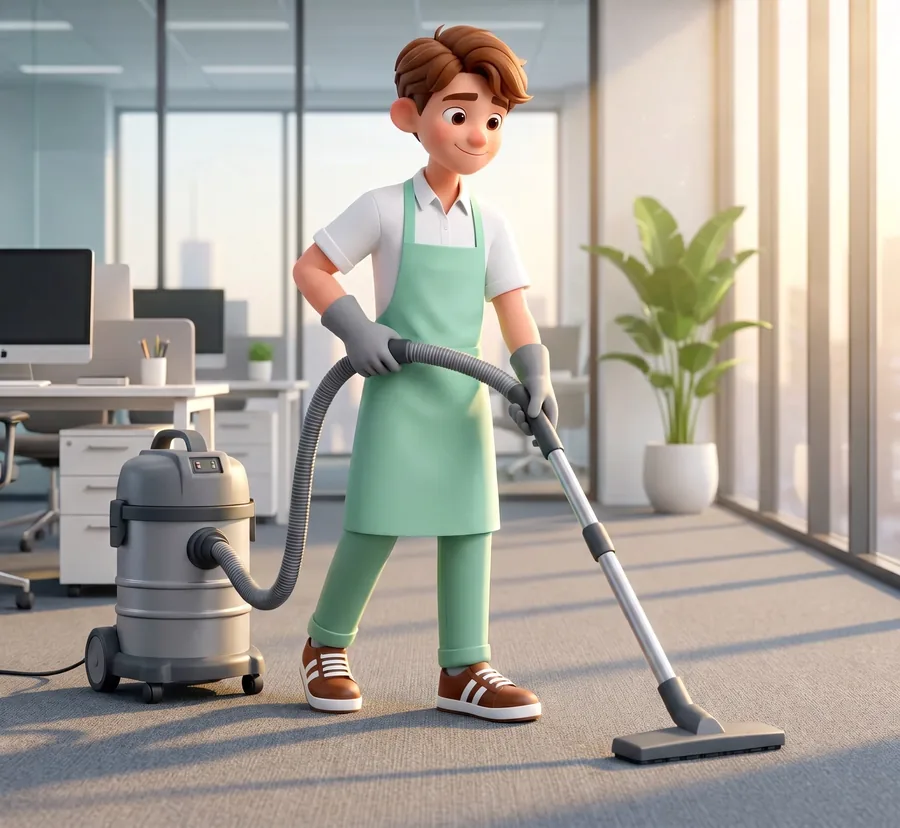 Zak passe l'aspirateur dans un bureau moderne