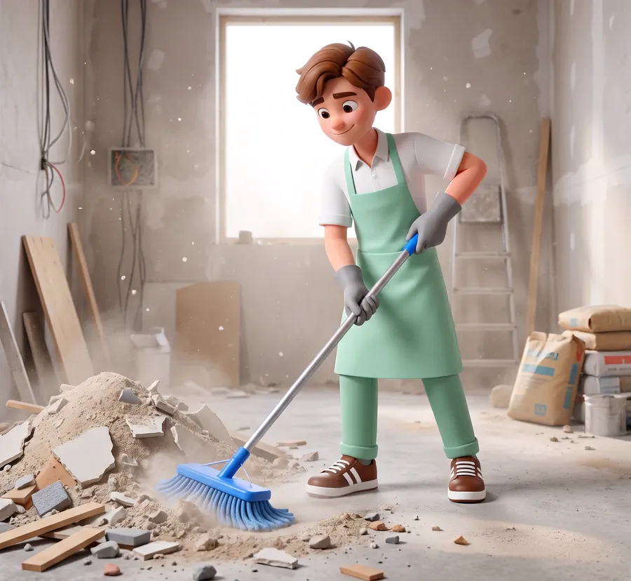 Zak balaie la poussière et les gravats d'un chantier après travaux