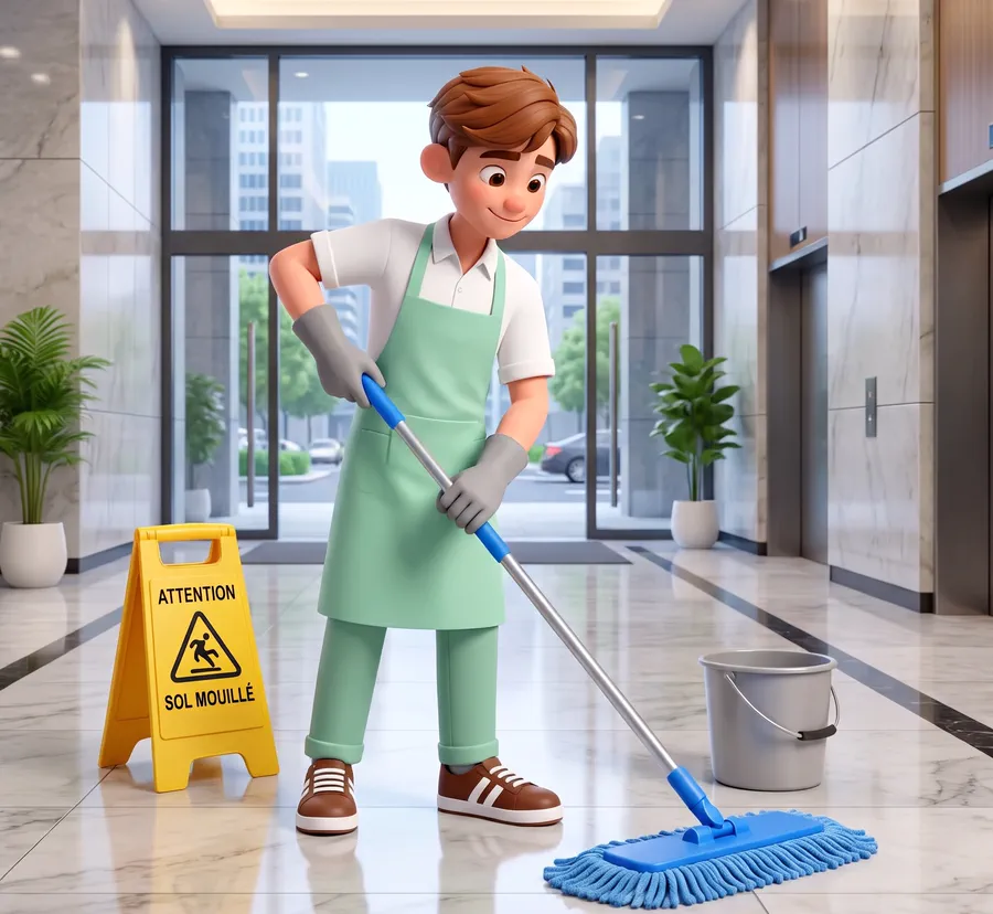 Zak lave le sol d'un hall d'immeuble avec un panneau sol mouillé